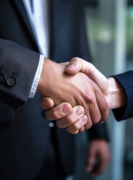 A handshake of two men. Unrecognized businessmen wearing suits shake hands agreeing on something or greeting each other. Close up. Generative AI.