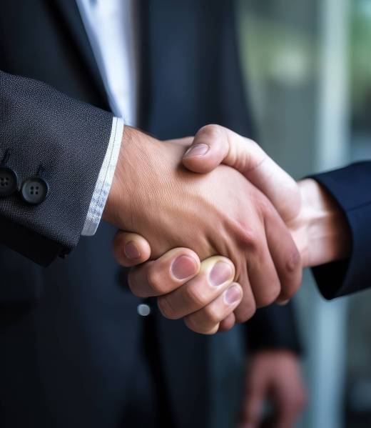 A handshake of two men. Unrecognized businessmen wearing suits shake hands agreeing on something or greeting each other. Close up. Generative AI.